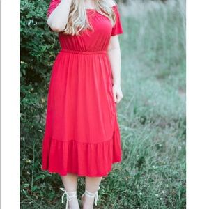 Red Empire Waist Midi Dress with Ruffle Hem